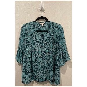 LC LAUREN CONRAD Teal 3/4 Flared Sleeve Sheer Blouse